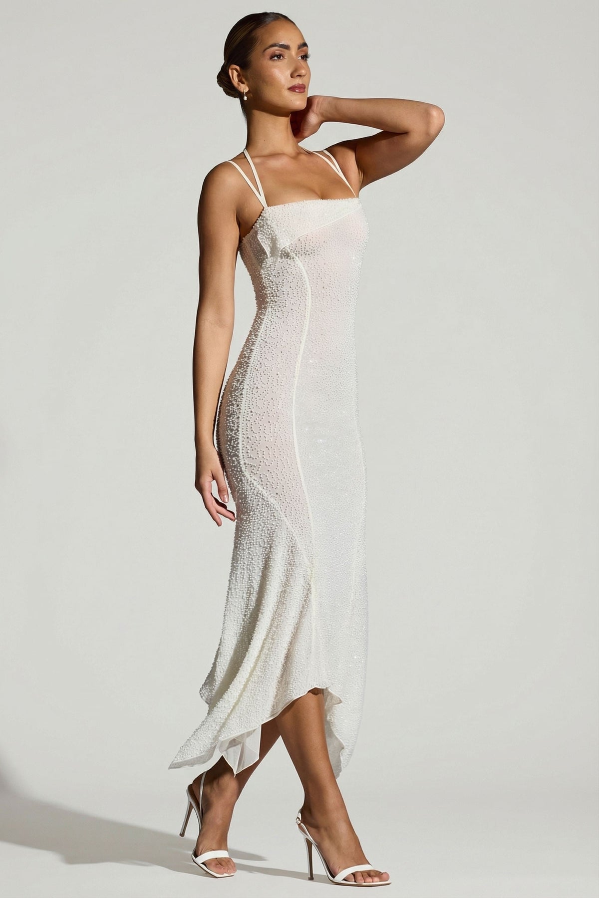 Embellished Handkerchief Hem Maxi Dress in White – view 4