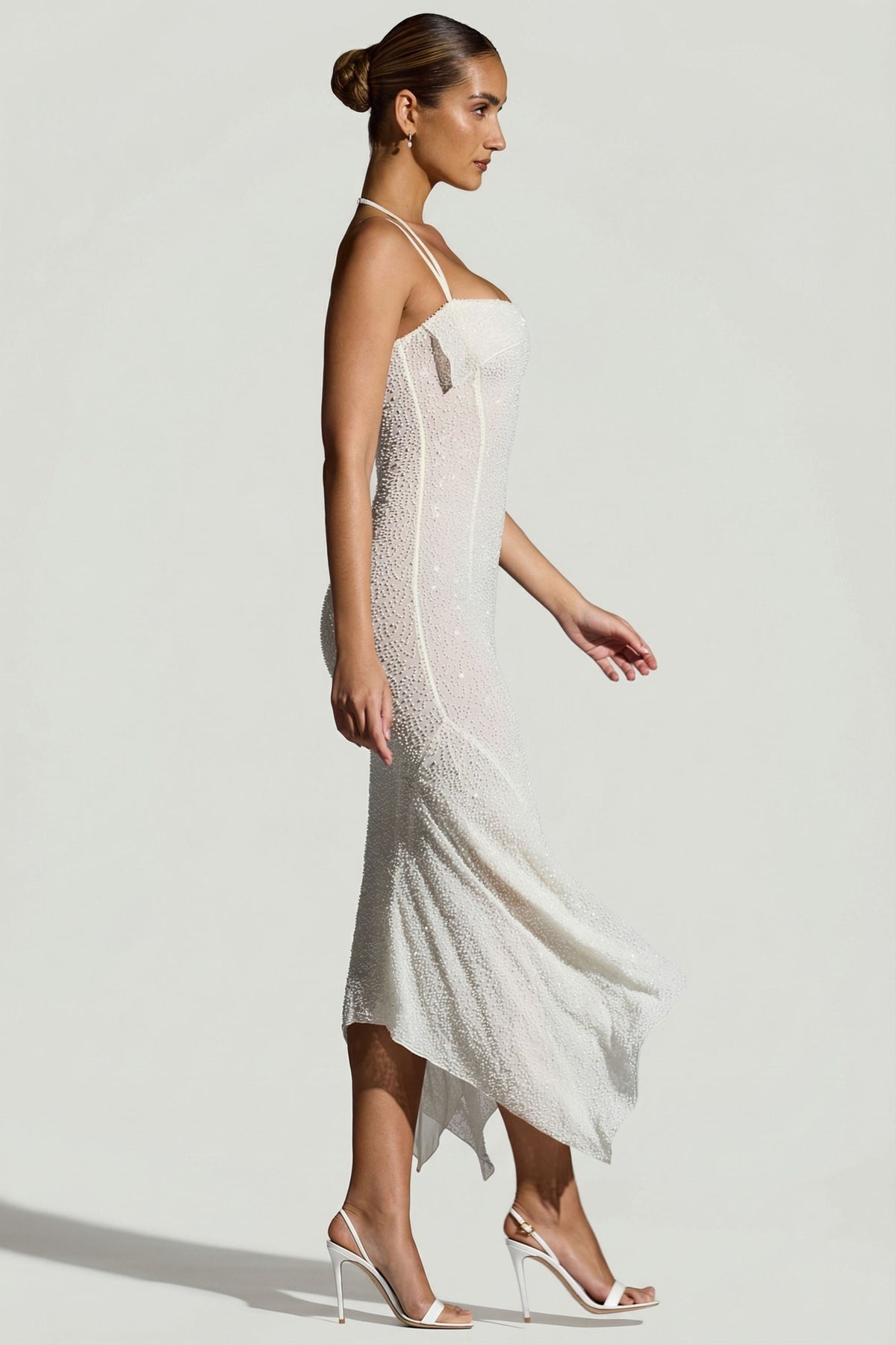 Embellished Handkerchief Hem Maxi Dress in White – view 9