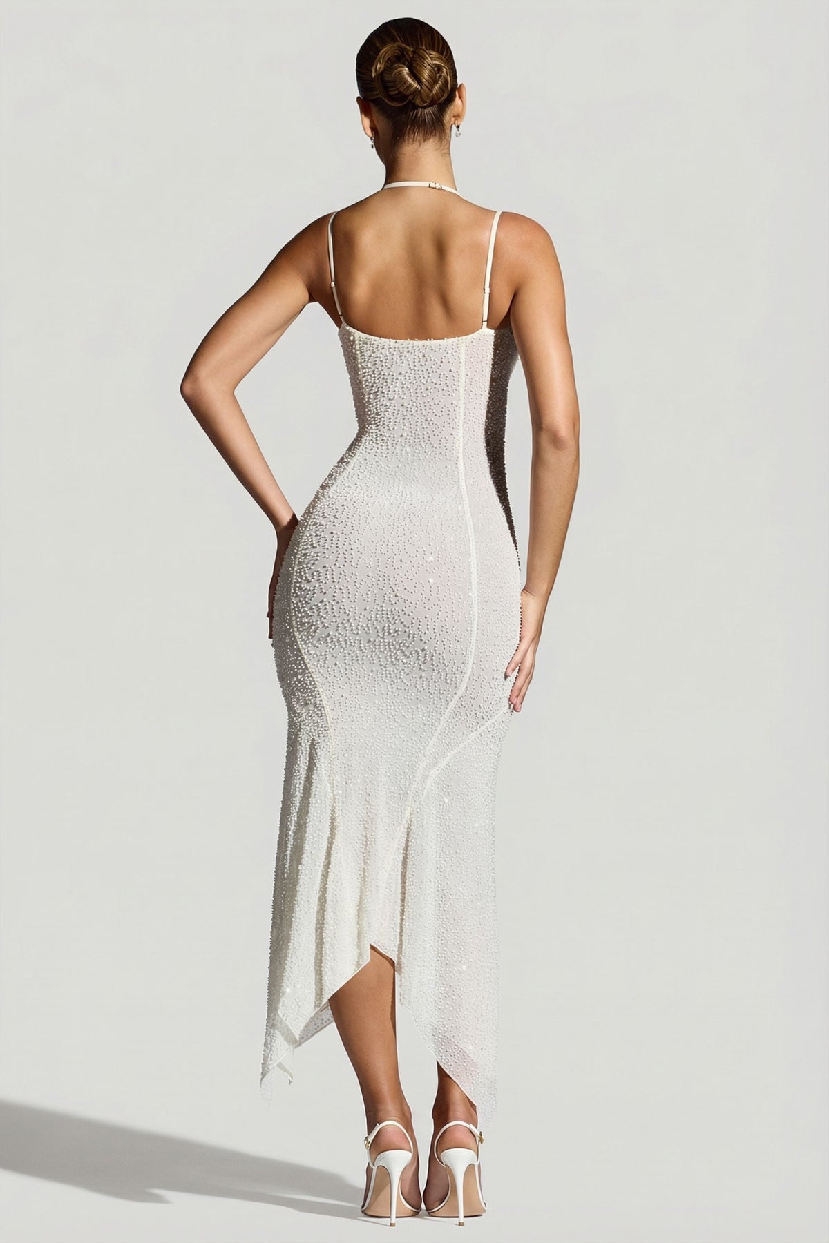 Embellished Handkerchief Hem Maxi Dress in White – view 2