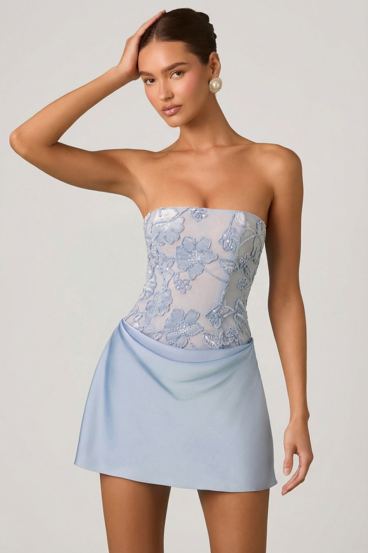 Embellished Draped Strapless A-Line Mini Dress in Sky Blue – view 7