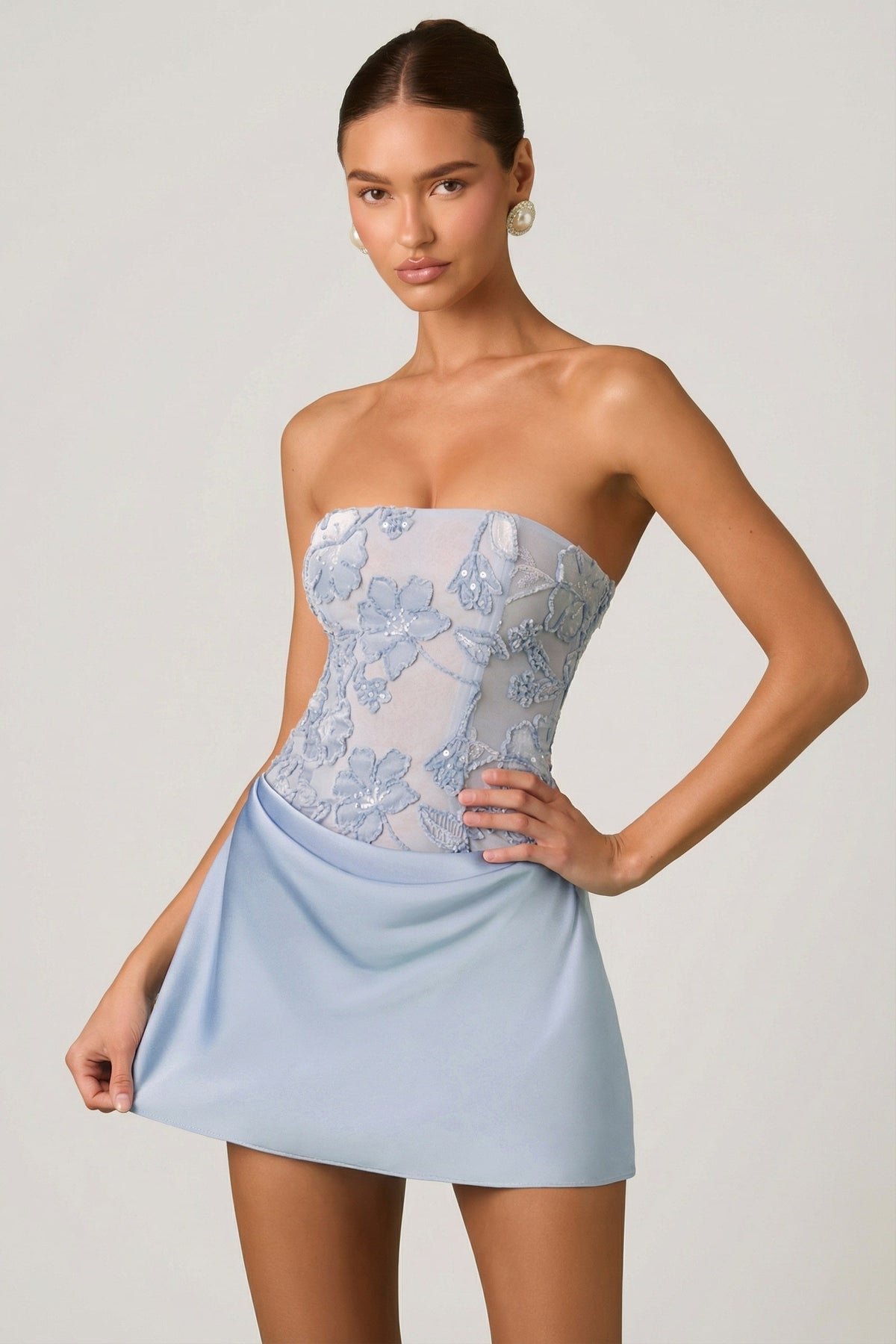 Embellished Draped Strapless A-Line Mini Dress in Sky Blue – view 6