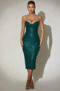 Embellished Sweetheart-Neck Midi Dress in Teal Green – view 1
