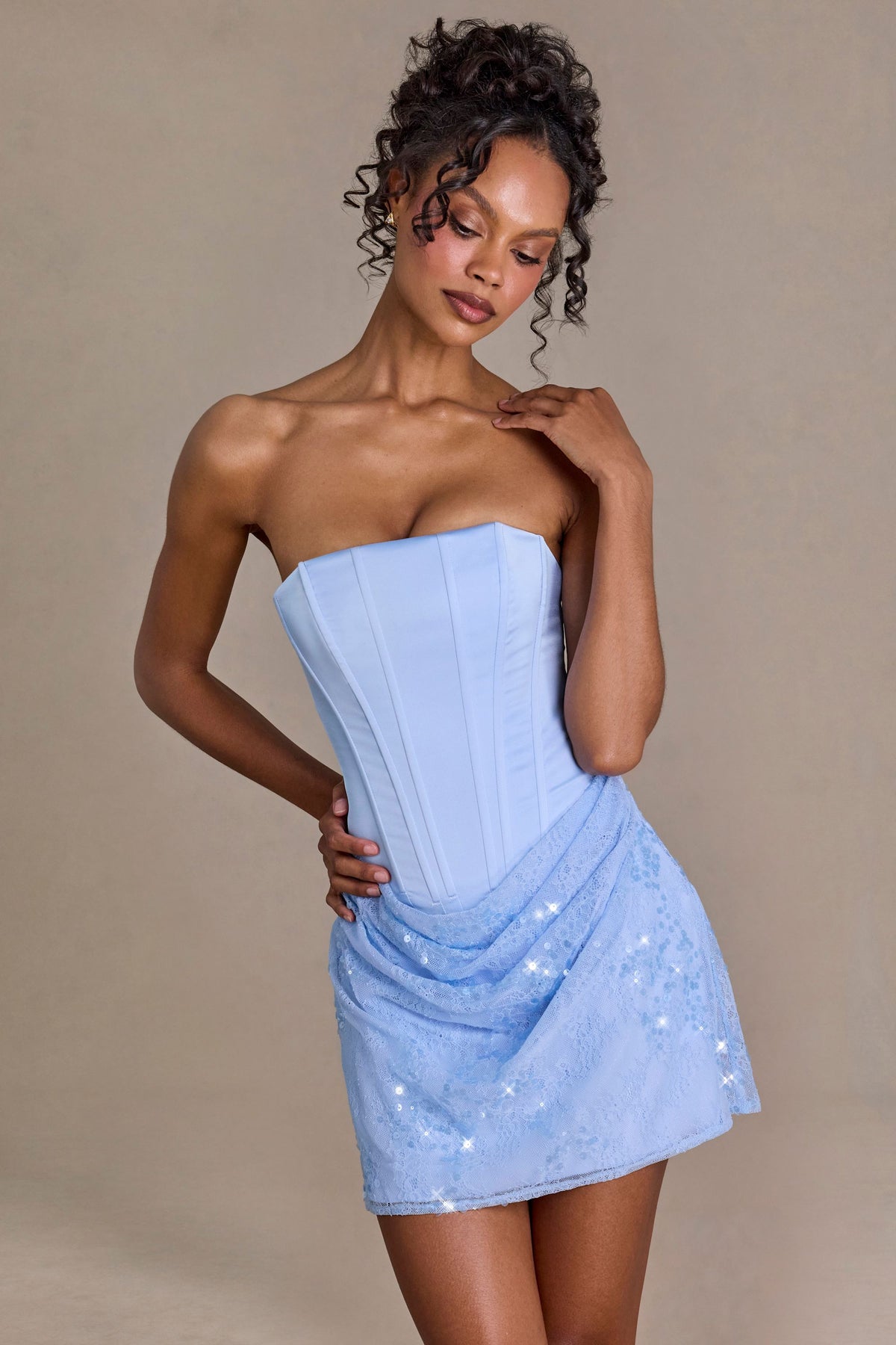Satin Embellished Skirt Mini Dress in Sky Blue – view 5
