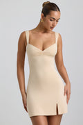 Slinky Jersey Ruched V-Back Mini Dress in Buttercream – view 1