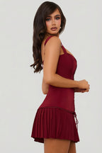Bow-Detail Lace-Up Corset Mini Dress in Berry Red