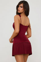 Bow-Detail Lace-Up Corset Mini Dress in Berry Red