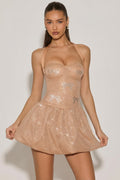 Embellished Halterneck Bubble Hem Mini Dress in Almond – view 1