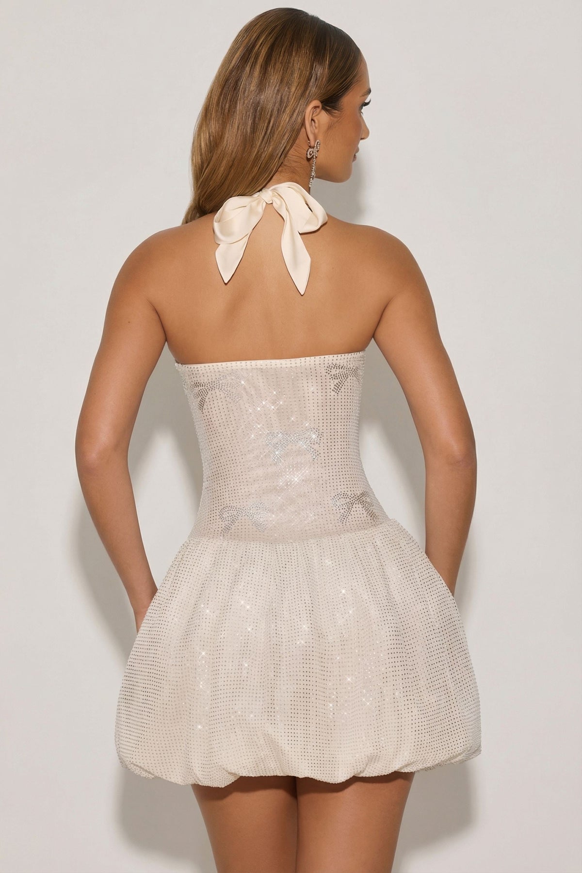 Embellished Halterneck Bubble Hem Mini Dress in Ivory – view 8