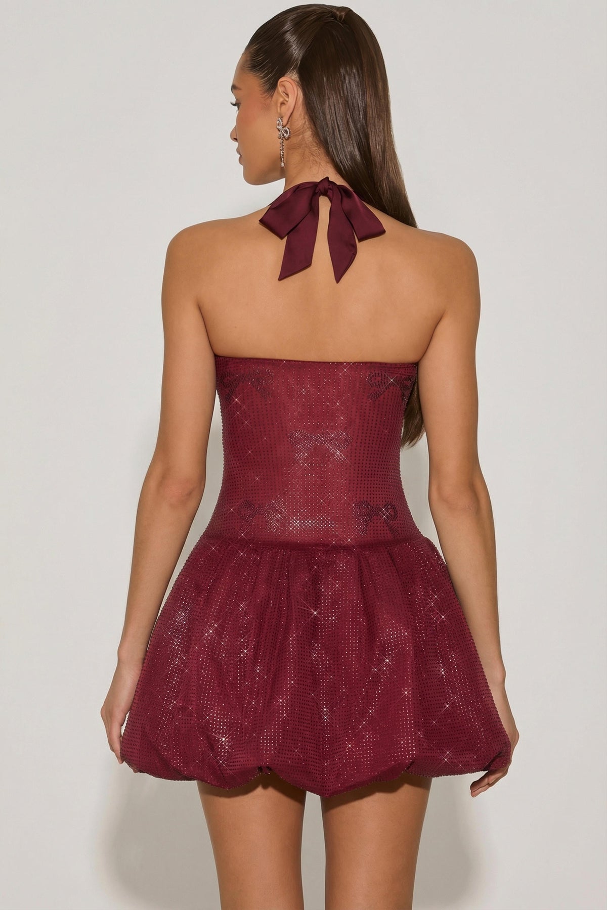 Embellished Halterneck Bubble Hem Mini Dress in Wine Red – view 2