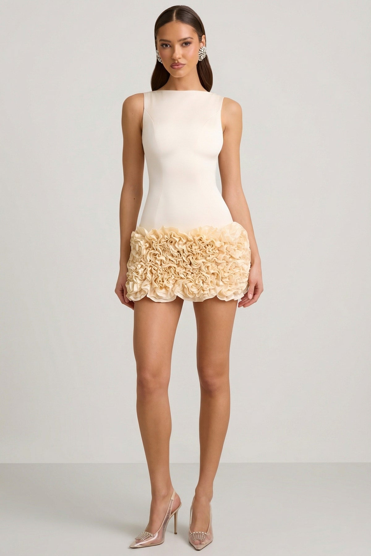 Satin Floral Appliqué Open-Back Mini Dress in Ivory – view 5