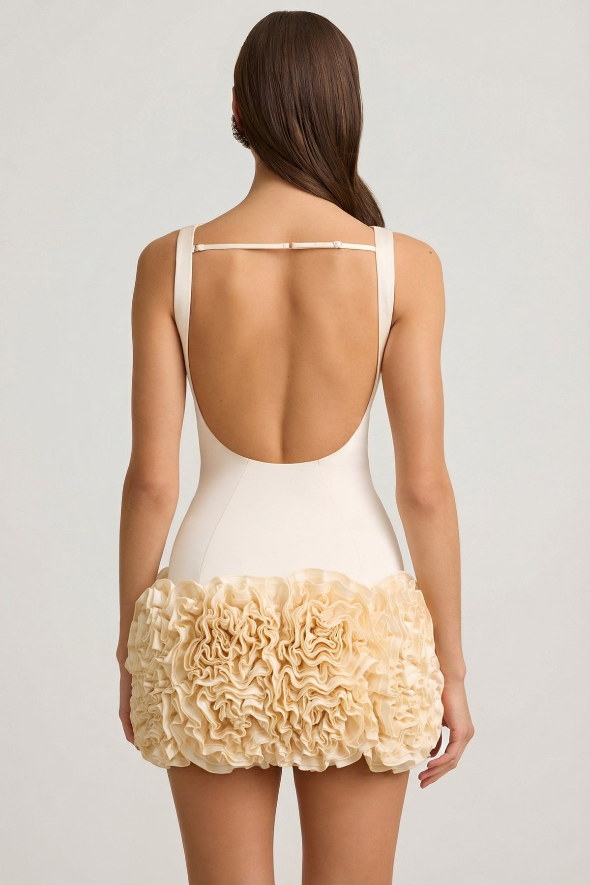 Satin Floral Appliqué Open-Back Mini Dress in Ivory – view 2