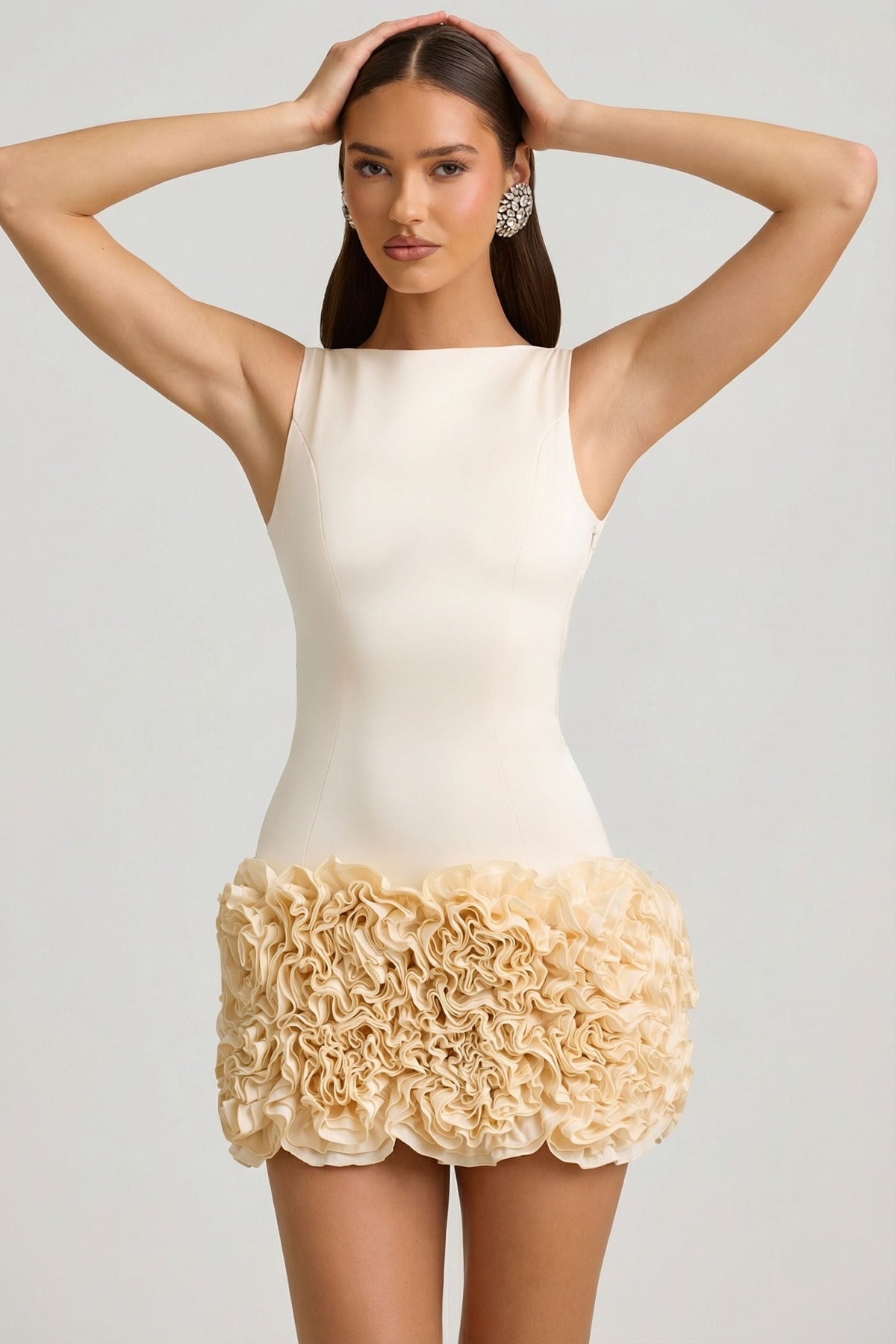 Satin Floral Appliqué Open-Back Mini Dress in Ivory – view 9