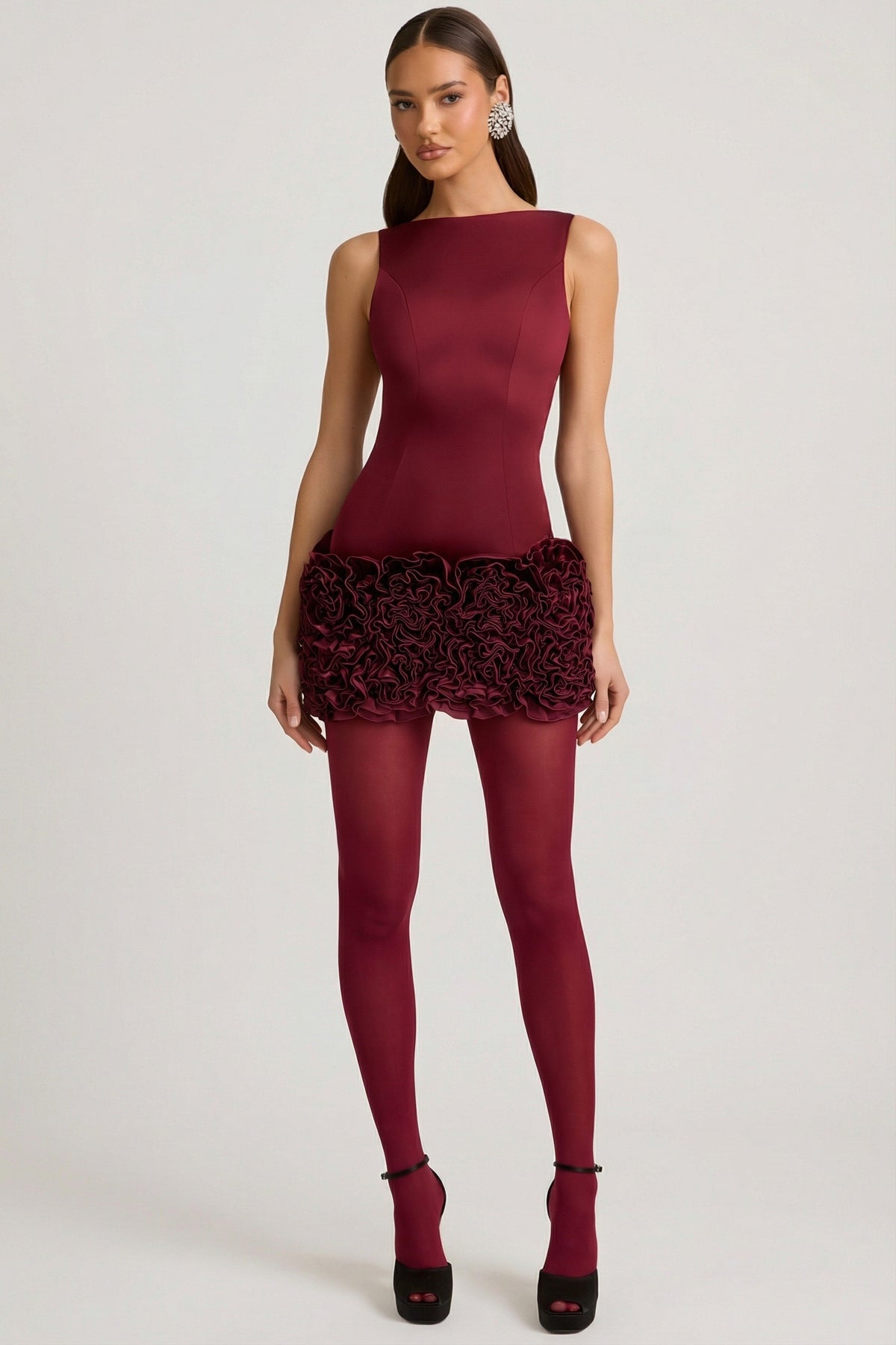Satin Floral Appliqué Open-Back Mini Dress in Wine Red – view 8