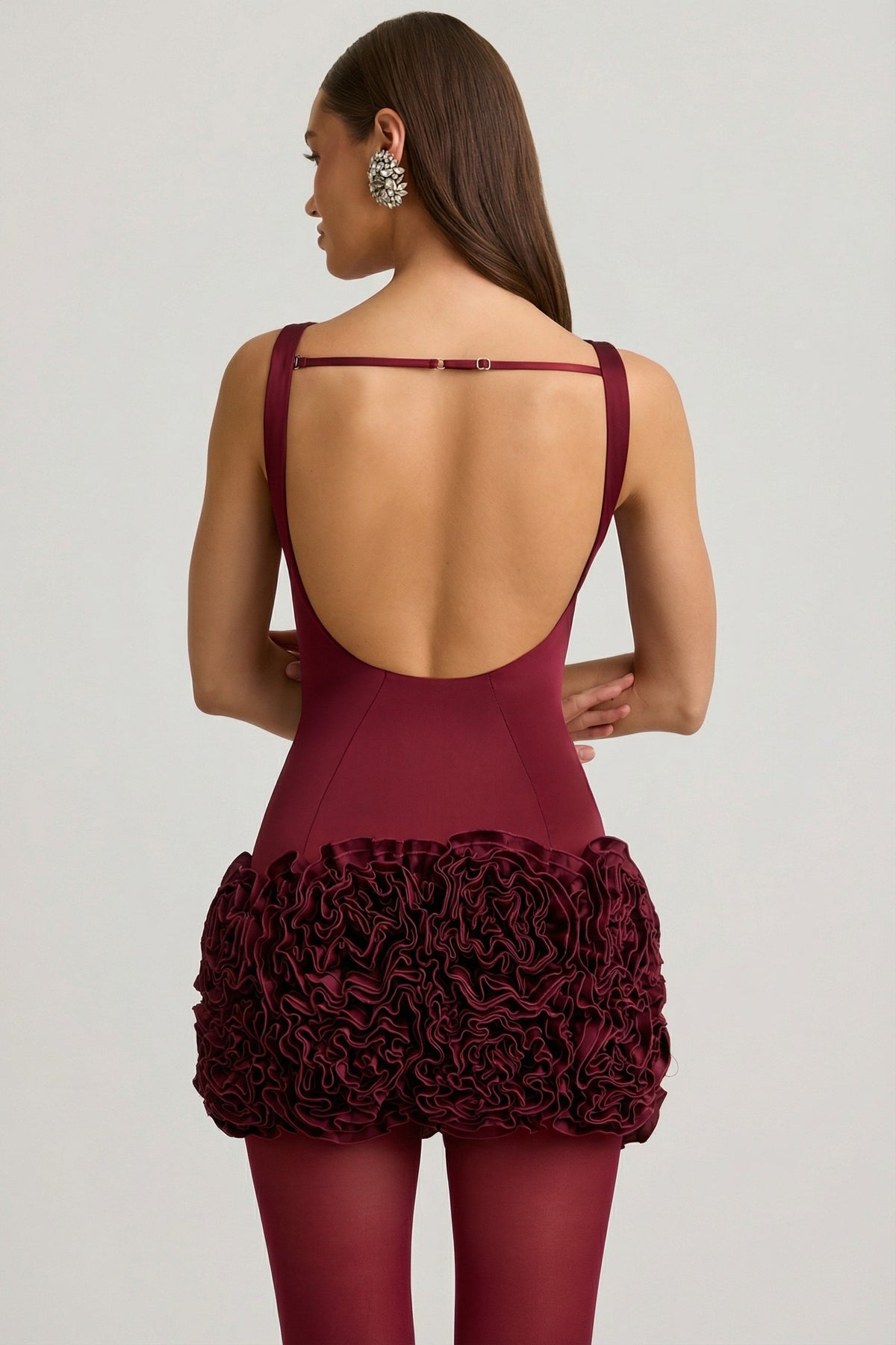 Satin Floral Appliqué Open-Back Mini Dress in Wine Red – view 2