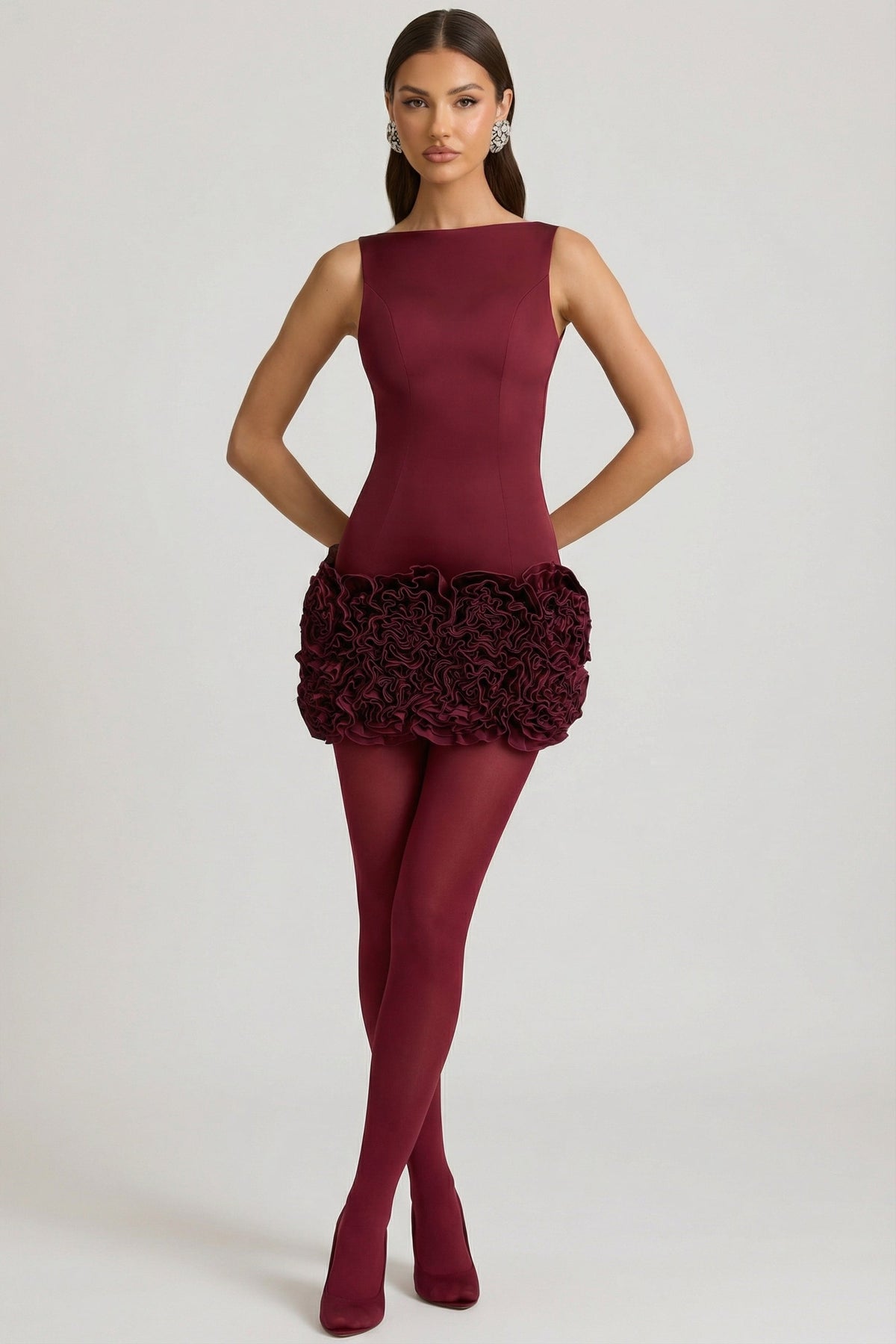 Satin Floral Appliqué Open-Back Mini Dress in Wine Red – view 3