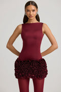 Satin Floral Appliqué Open-Back Mini Dress in Wine Red – view 1