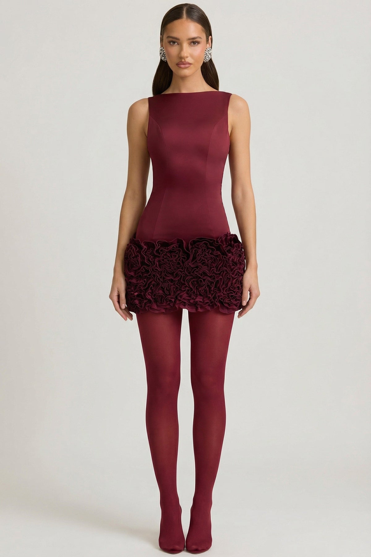 Satin Floral Appliqué Open-Back Mini Dress in Wine Red – view 5