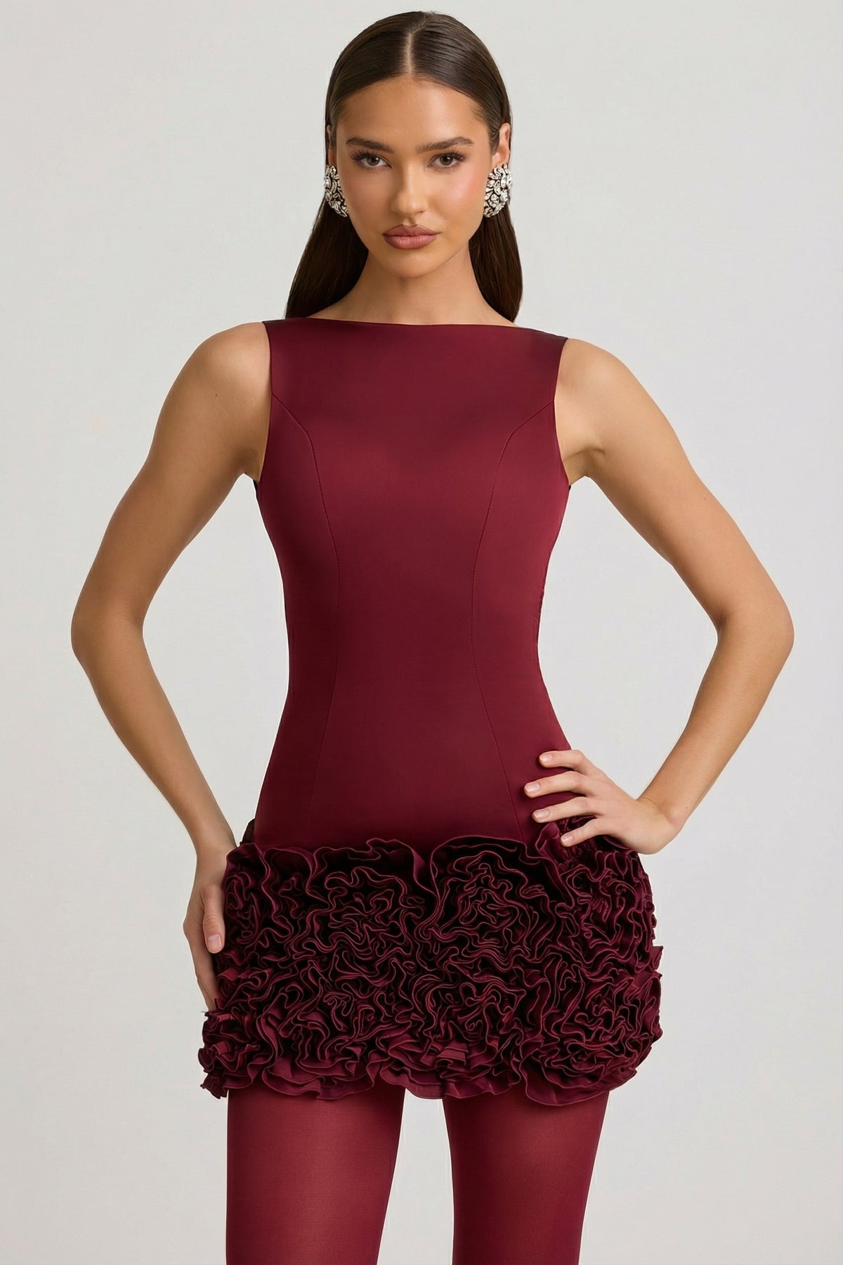 Satin Floral Appliqué Open-Back Mini Dress in Wine Red – view 6