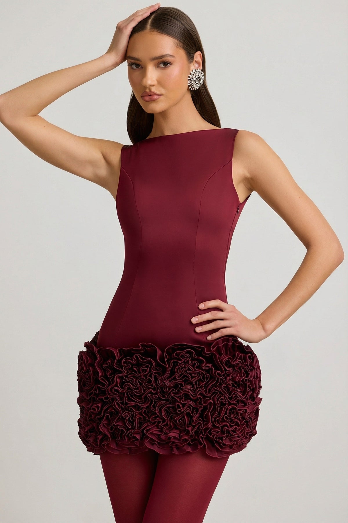 Satin Floral Appliqué Open-Back Mini Dress in Wine Red – view 7