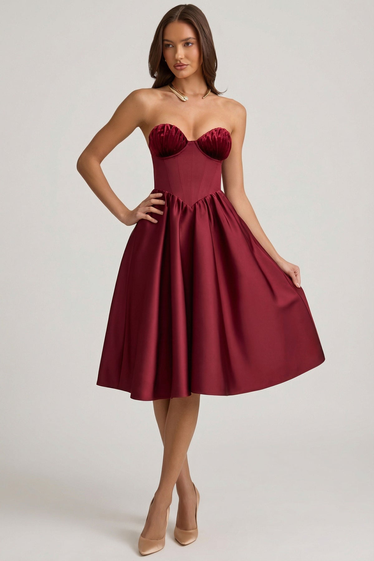 Strapless Corset Midi Dress in Wine Red – view 1