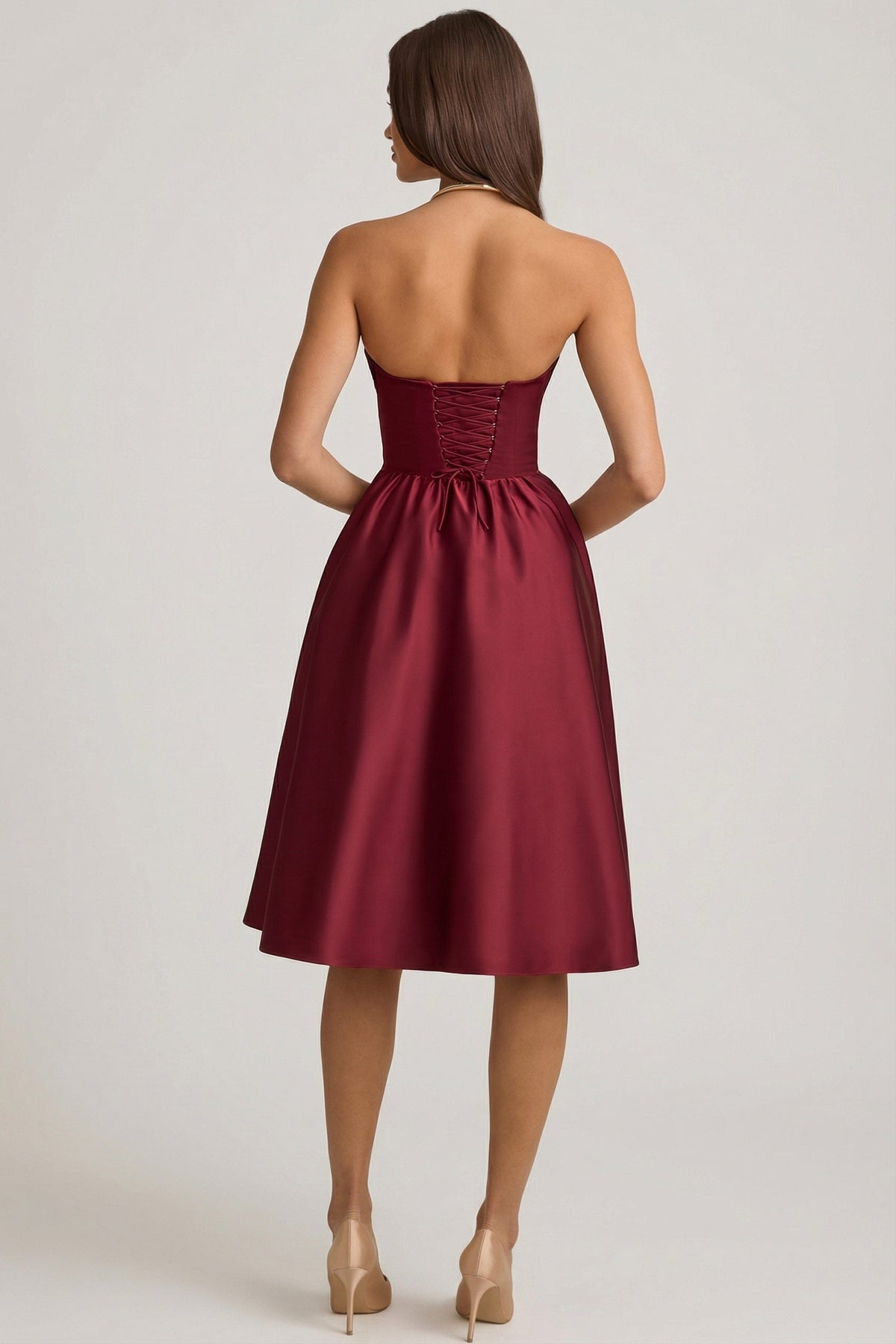 Strapless Corset Midi Dress in Wine Red – view 2