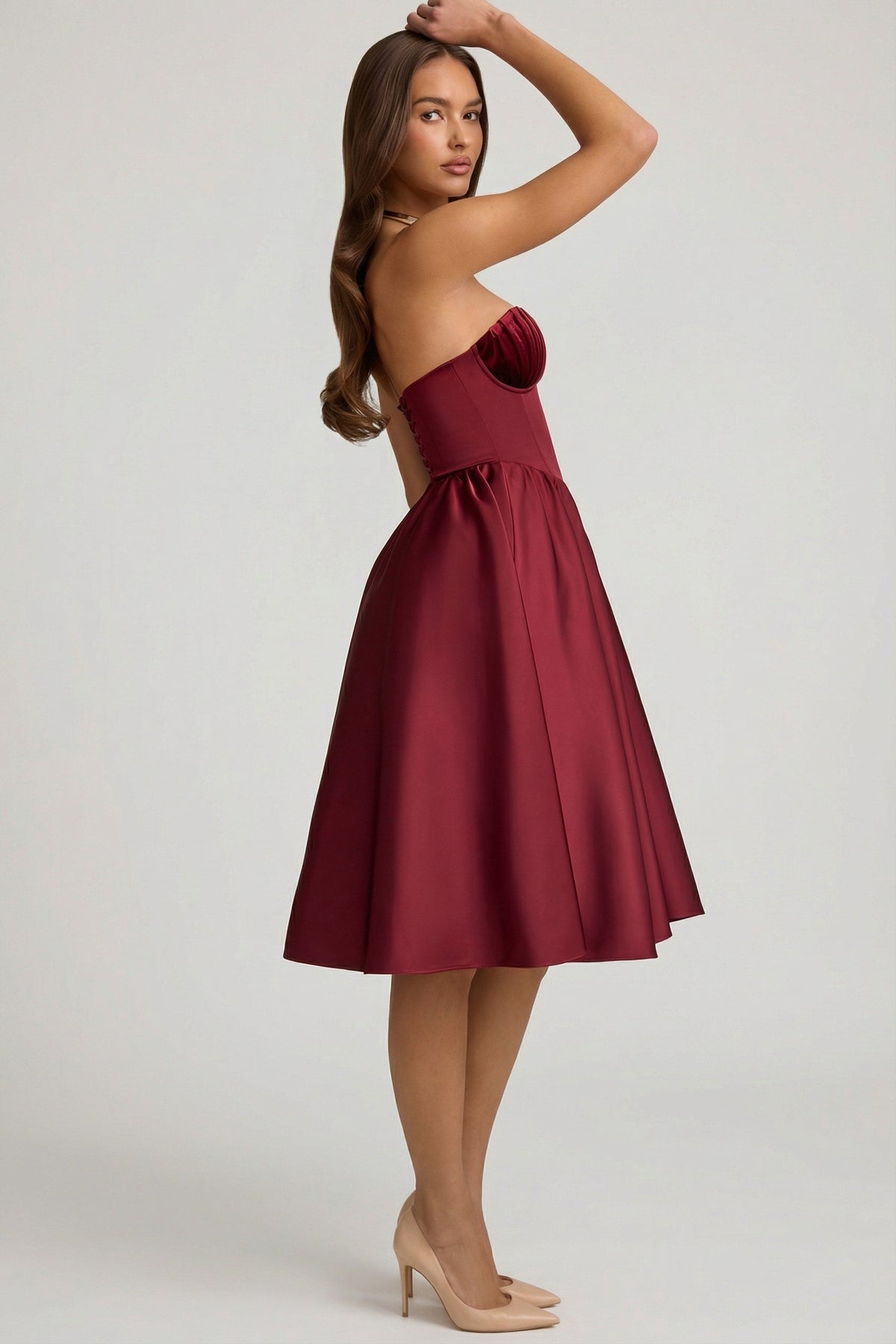 Strapless Corset Midi Dress in Wine Red – view 3