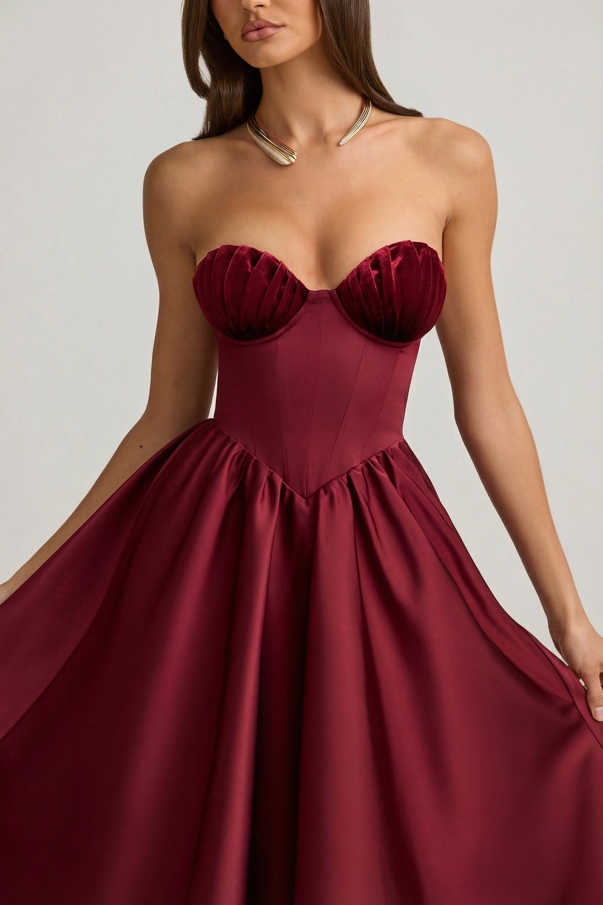 Strapless Corset Midi Dress in Wine Red – view 4