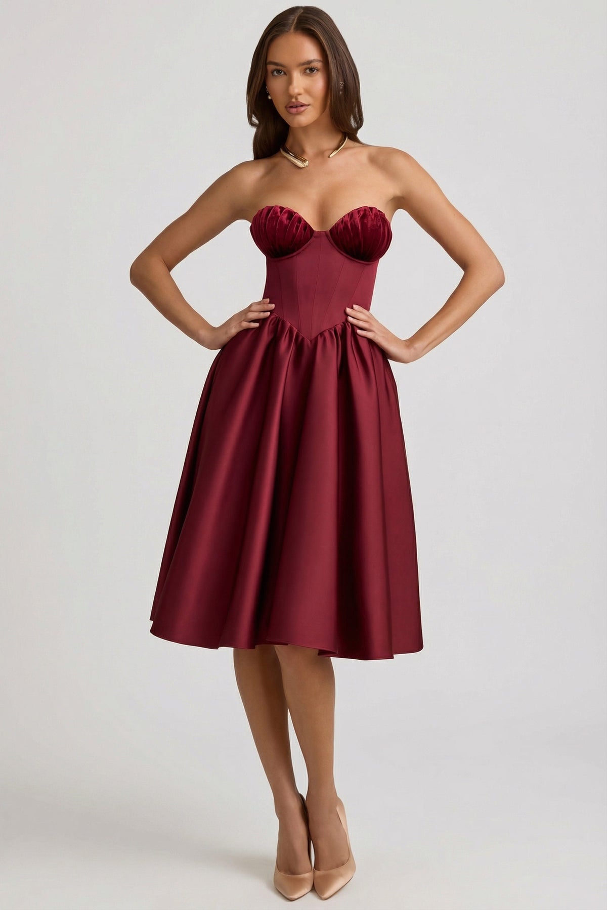 Strapless Corset Midi Dress in Wine Red – view 5