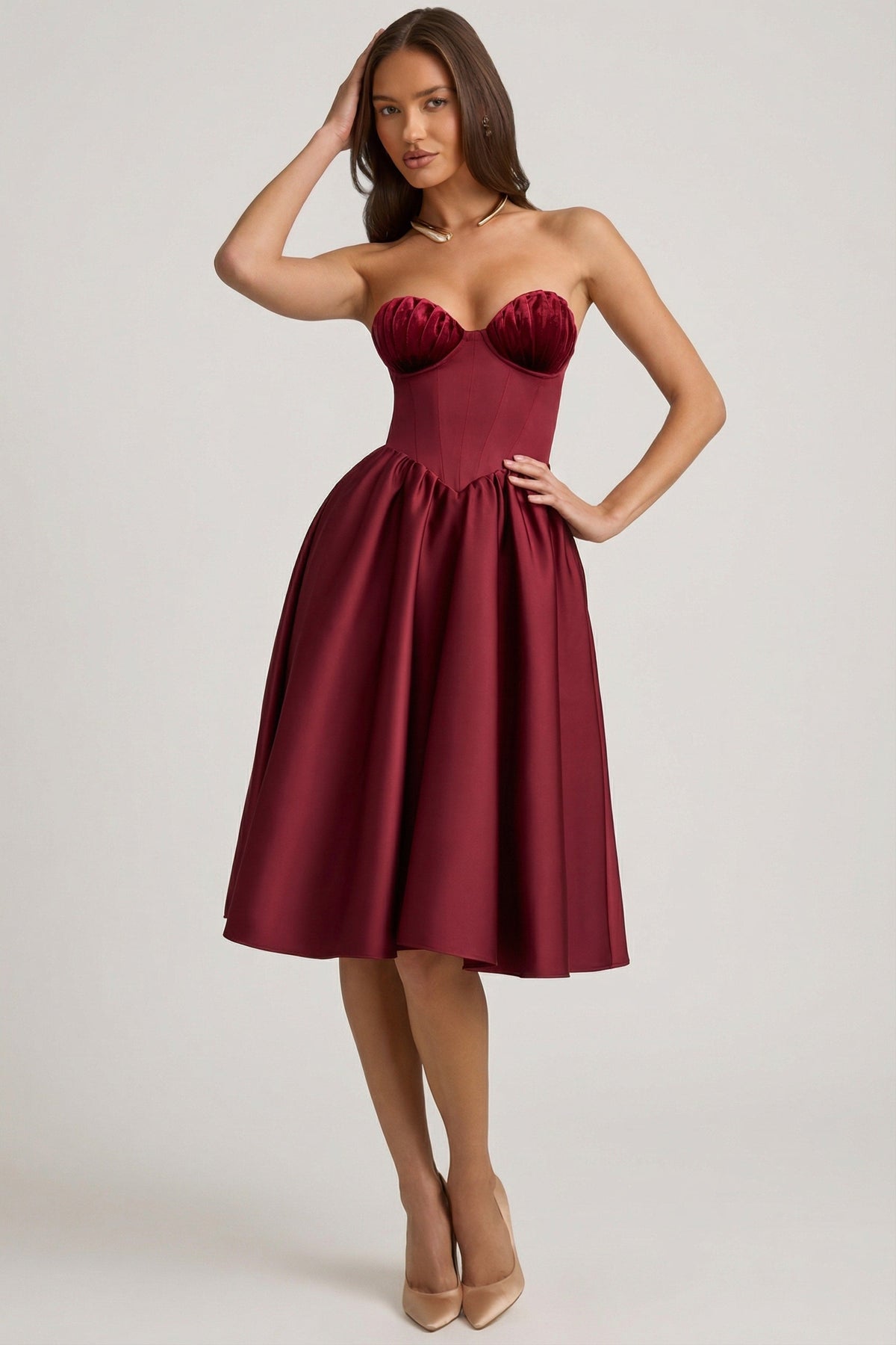 Strapless Corset Midi Dress in Wine Red – view 6