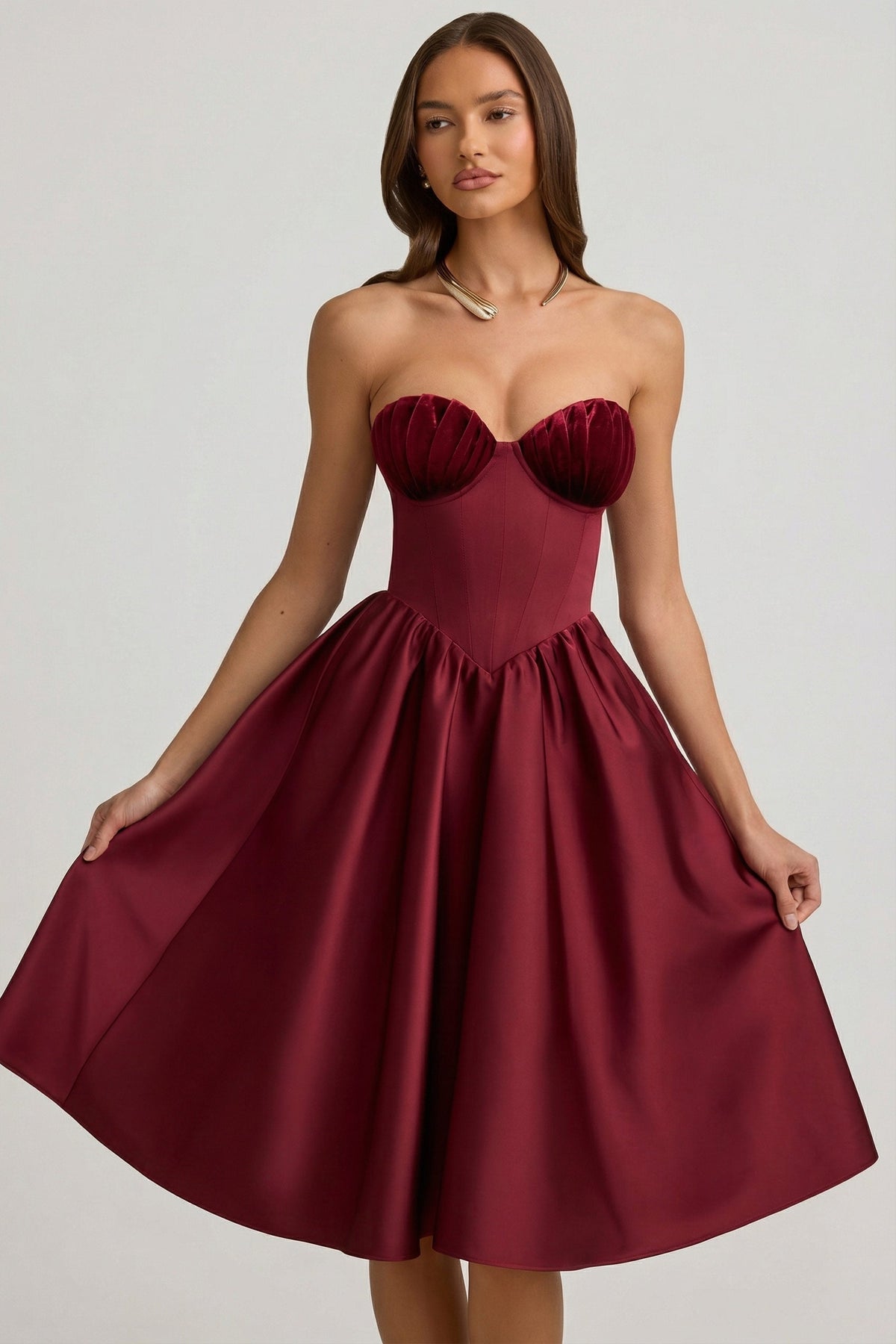 Strapless Corset Midi Dress in Wine Red – view 7