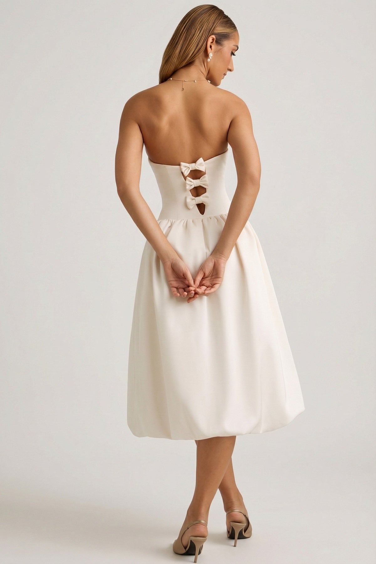Convertible Bow-Detail Bubble Hem Midaxi Dress in Ivory – view 6