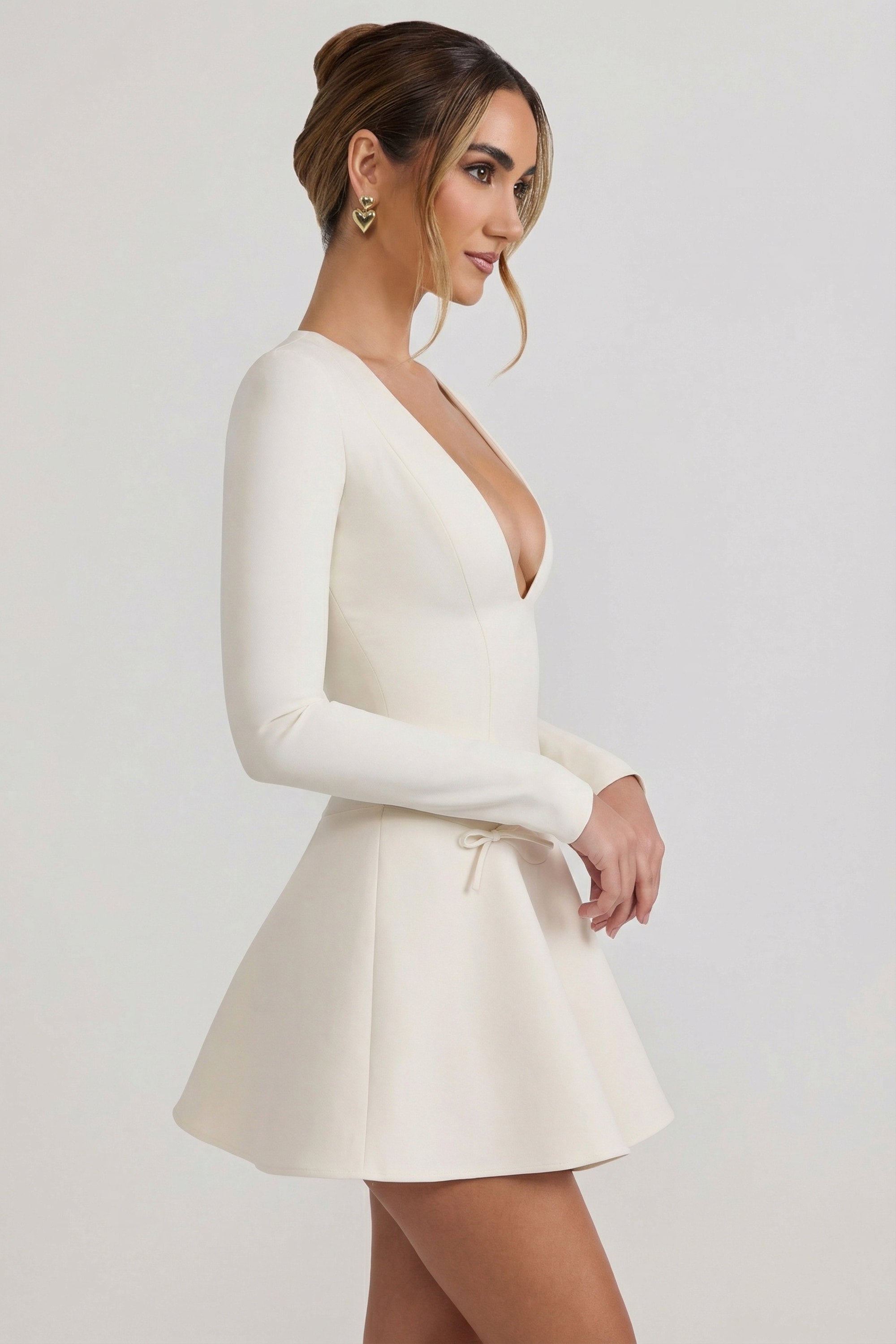 Bow-Detail Plunge-Neck A-Line Mini Dress in Ivory