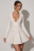 Bow-Detail Plunge-Neck A-Line Mini Dress in Ivory – view 1