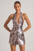 Sequin-Embellished Halterneck Mini Dress in Silver – view 1