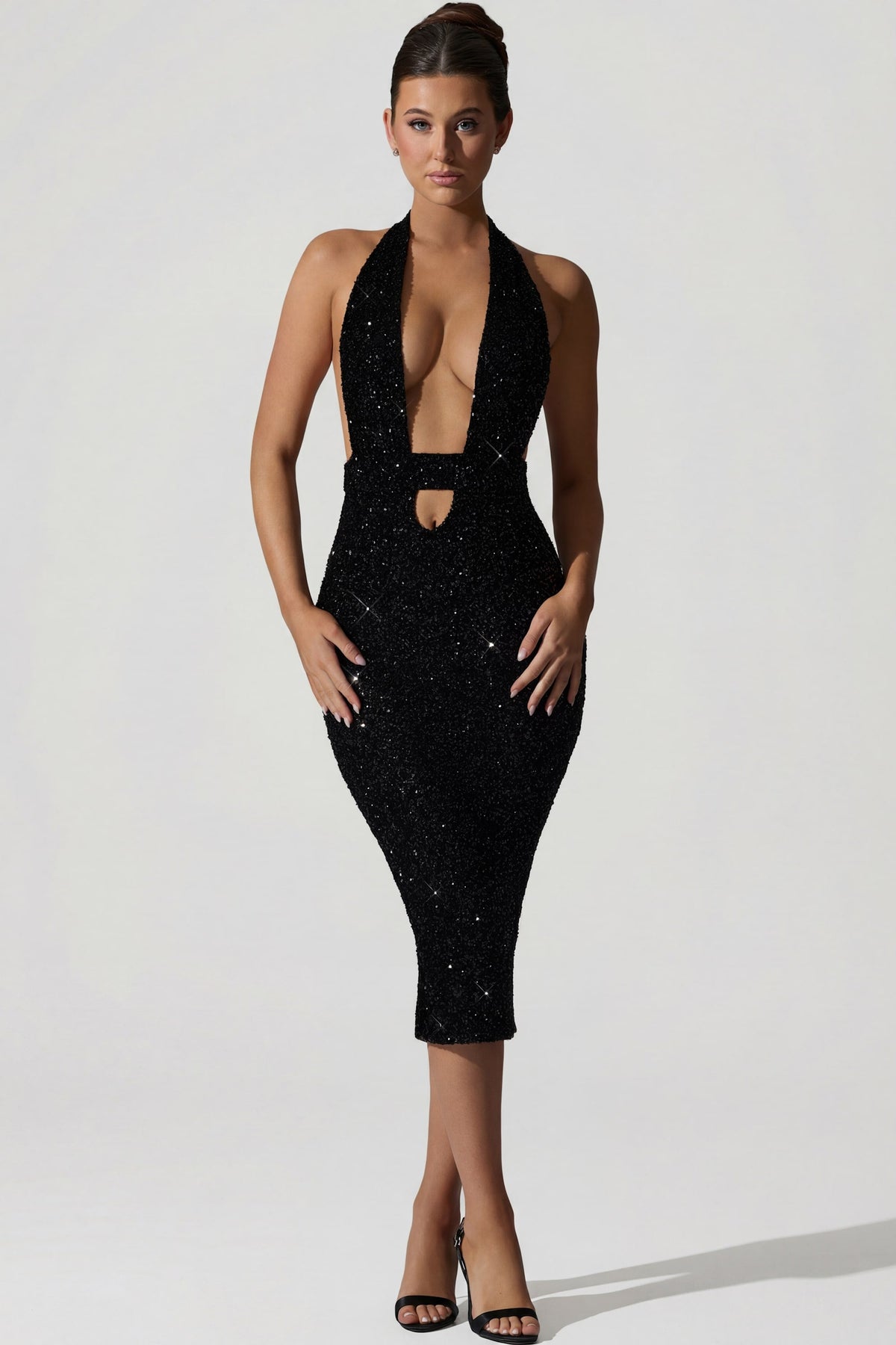 Embellished Cut-Out Open-Back Midaxi Dress in Black – view 1