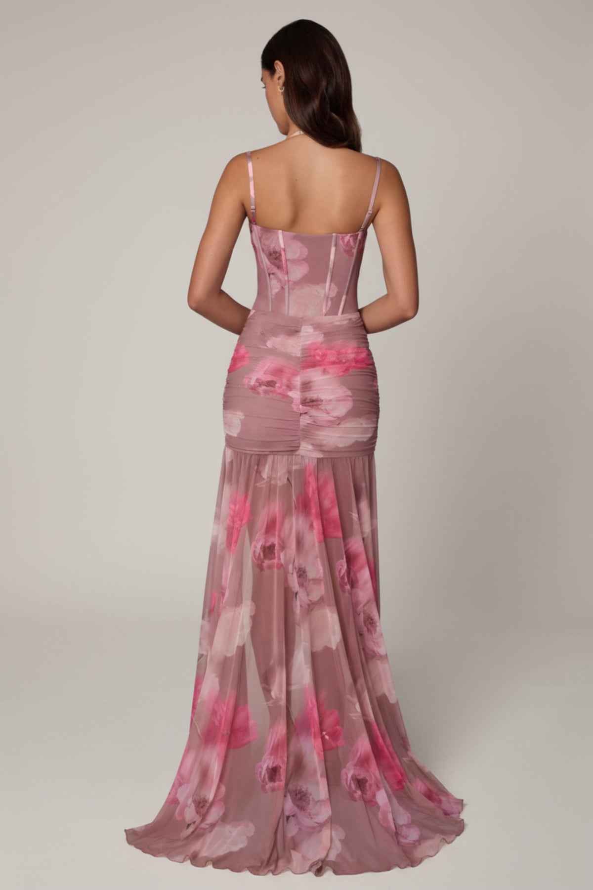 Ruched Asymmetric Corset Gown in Blurred Floral – view 6