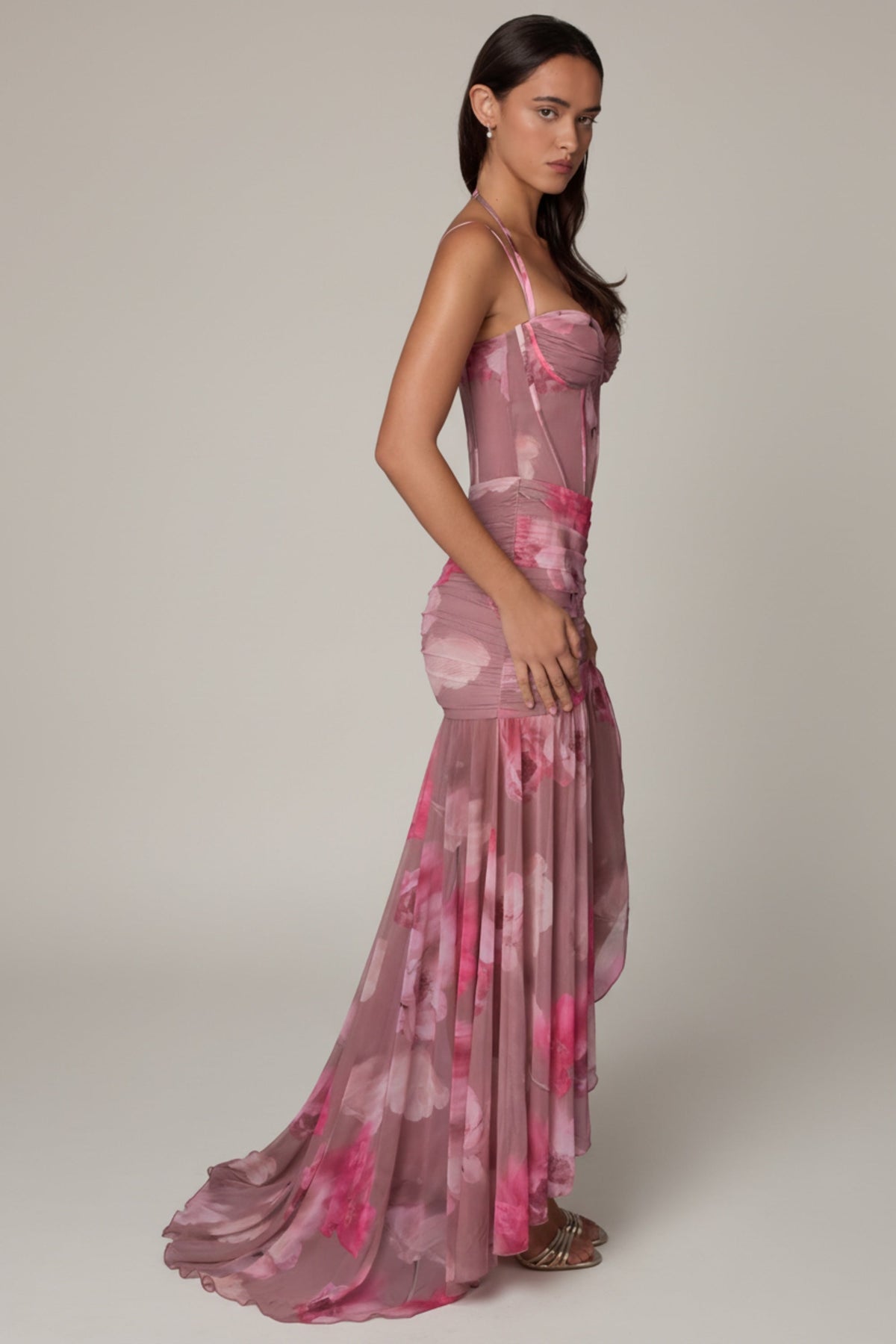 Ruched Asymmetric Corset Gown in Blurred Floral – view 7