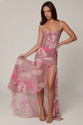 Ruched Asymmetric Corset Gown in Blurred Floral – view 1