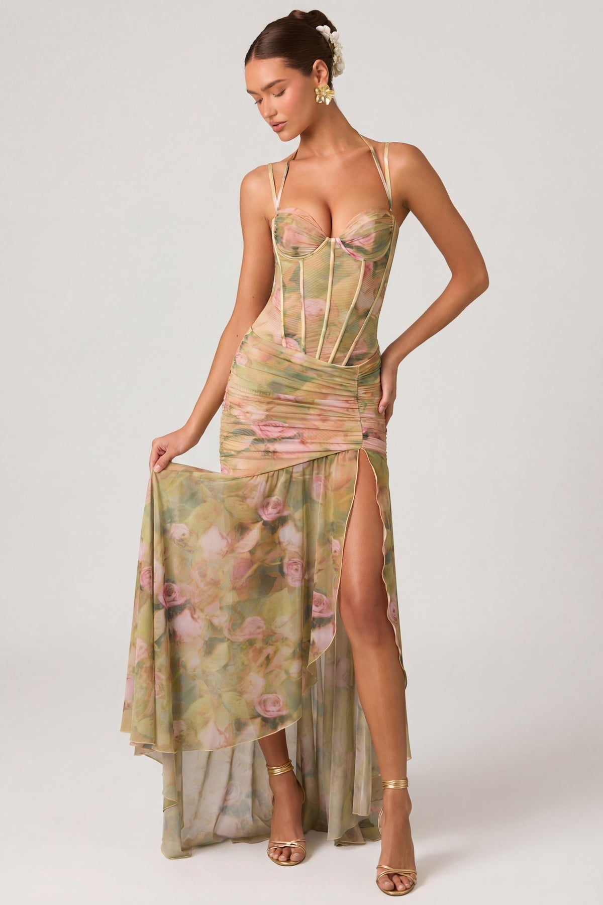 Ruched Asymmetric Corset Gown in Floral Multi Print – view 6