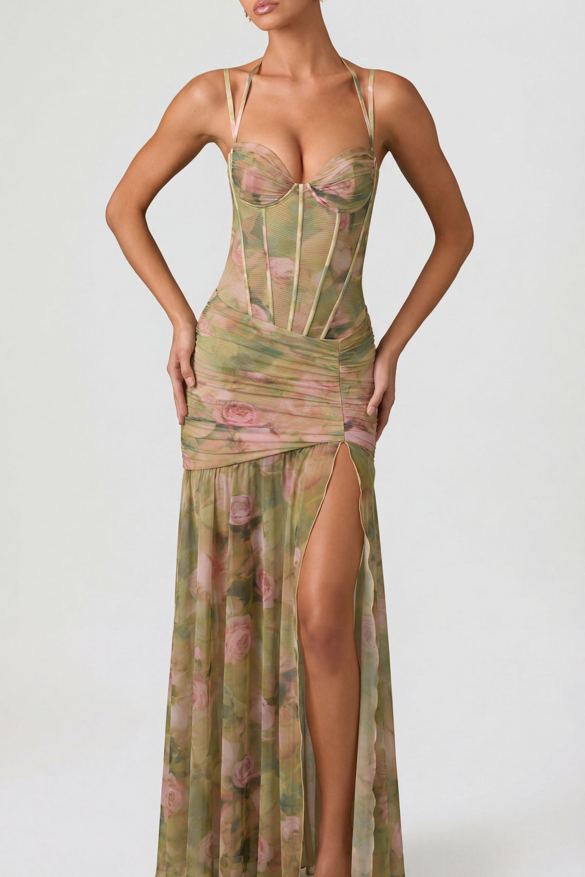 Ruched Asymmetric Corset Gown in Floral Multi Print – view 4
