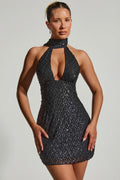 Embellished Scarf-Detail Halterneck Mini Dress in Black – view 1