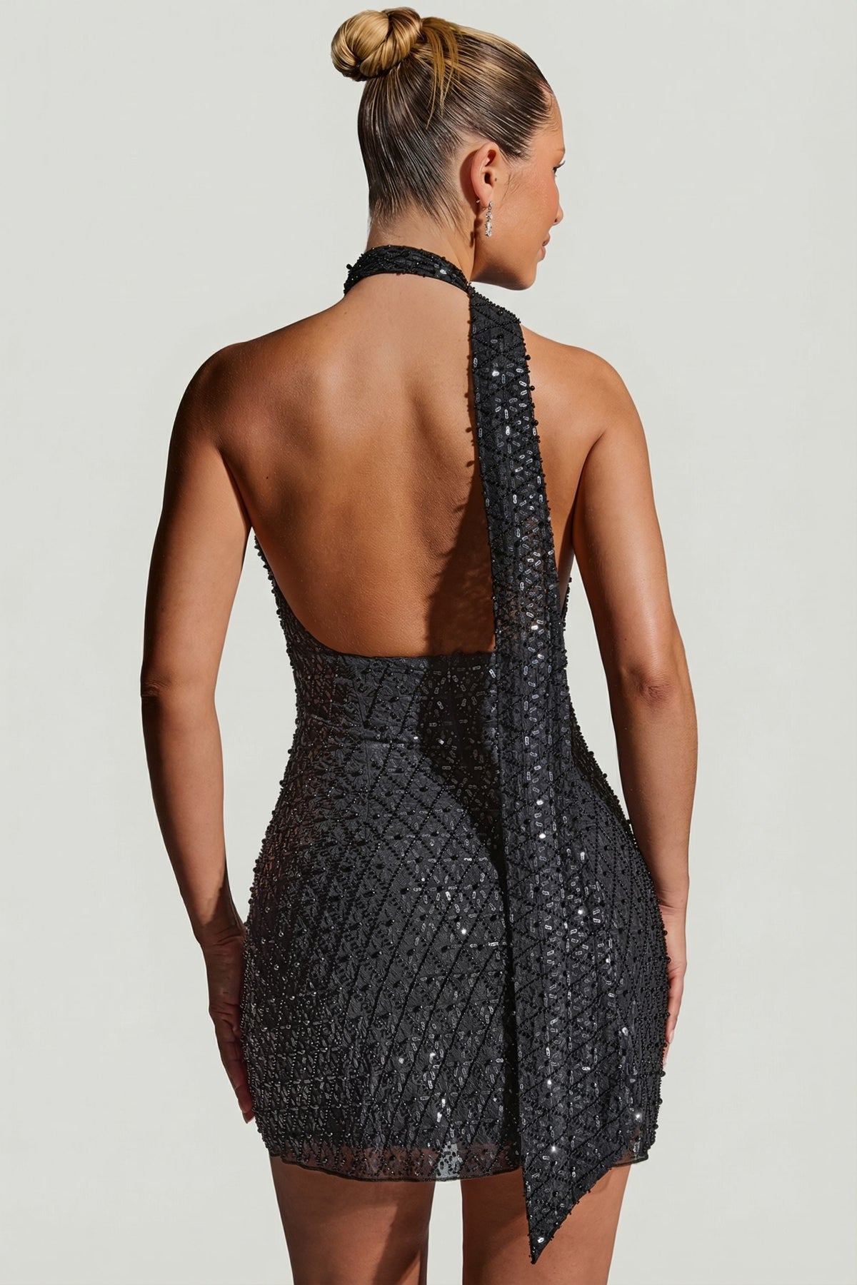 Embellished Scarf-Detail Halterneck Mini Dress in Black – view 2
