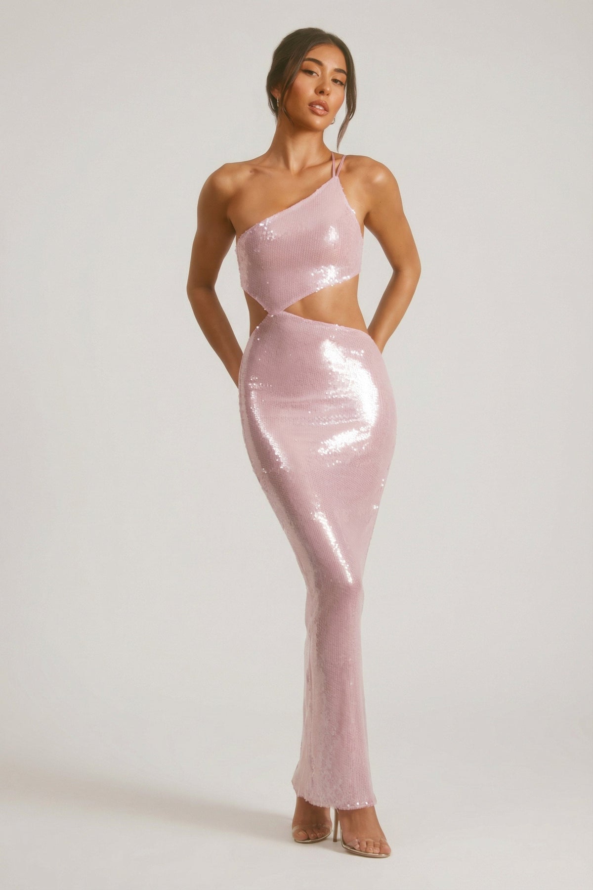 Sheer Sequin One Shoulder Cut Out Maxi Dress in Lilac – view 2