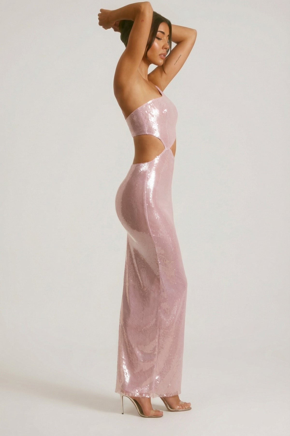 Sheer Sequin One Shoulder Cut Out Maxi Dress in Lilac – view 7