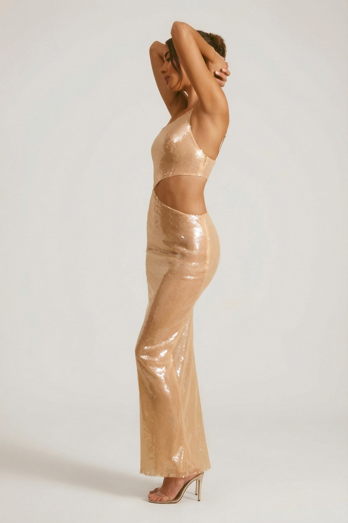Sheer Sequin One Shoulder Cut Out Maxi Dress in Tan – view 6