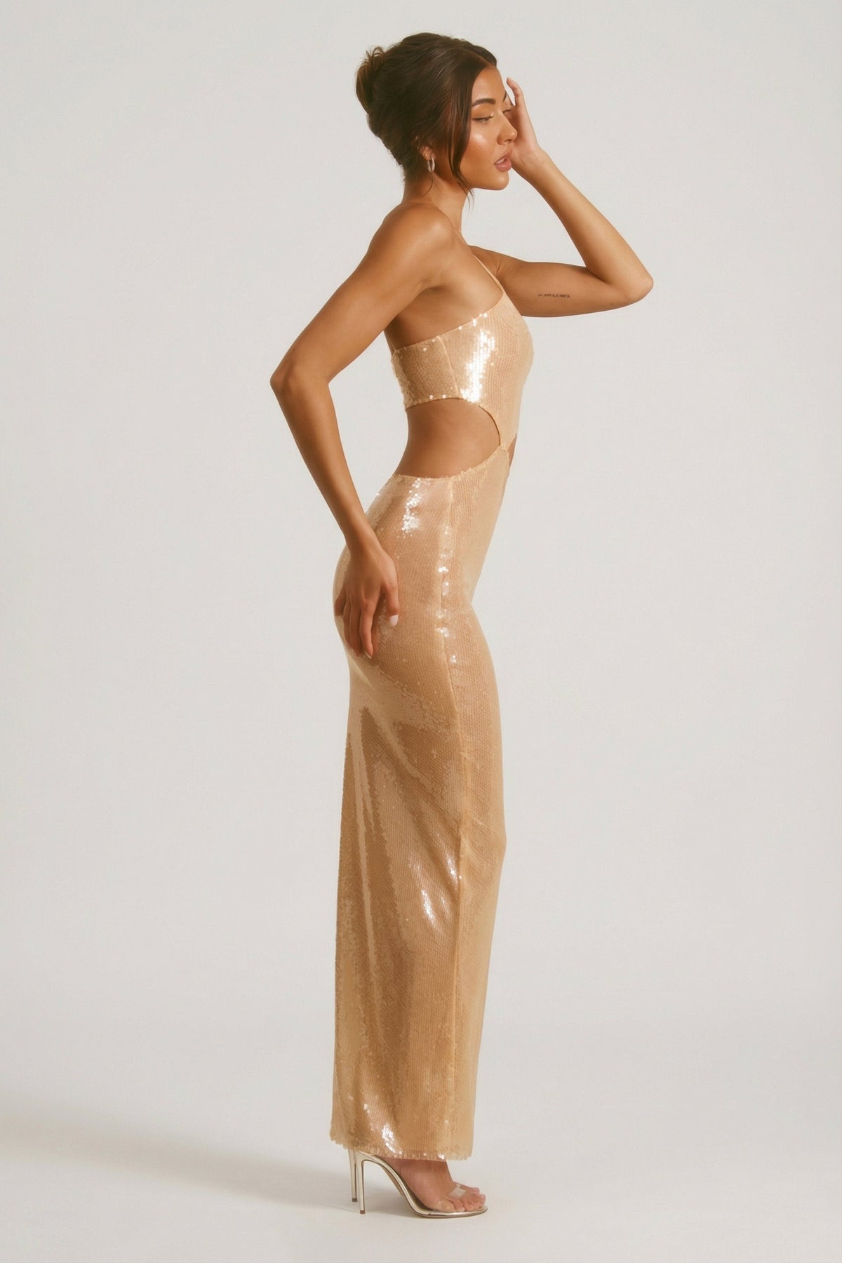 Sheer Sequin One Shoulder Cut Out Maxi Dress in Tan – view 7