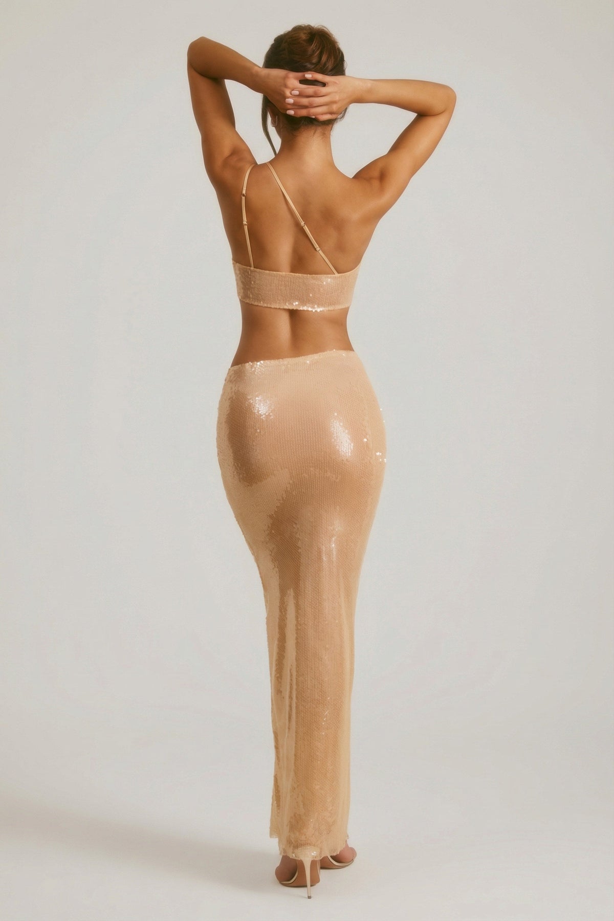 Sheer Sequin One Shoulder Cut Out Maxi Dress in Tan – view 3