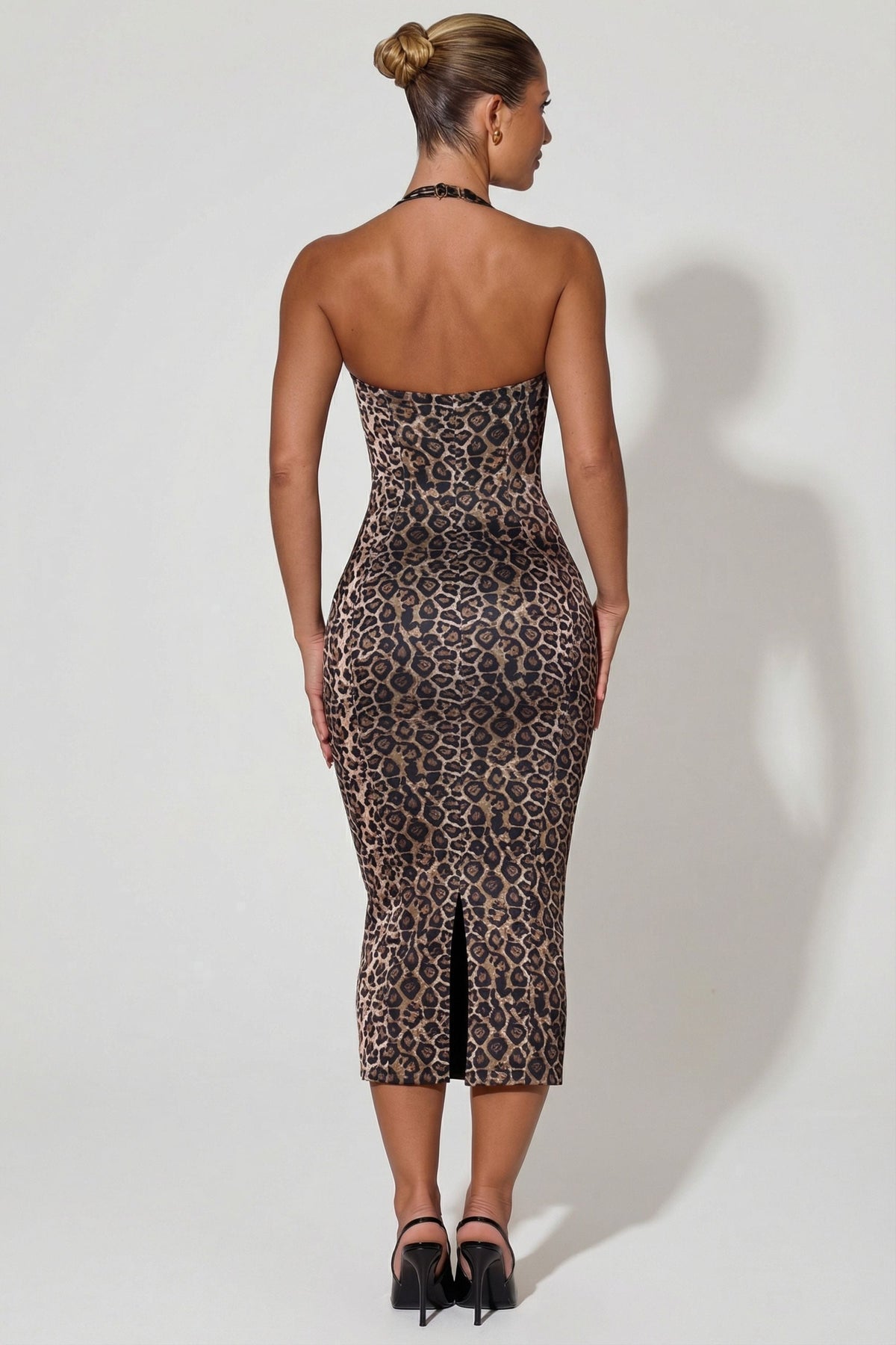 Layered Halterneck Bodycon Midi Dress in Leopard Print – view 2