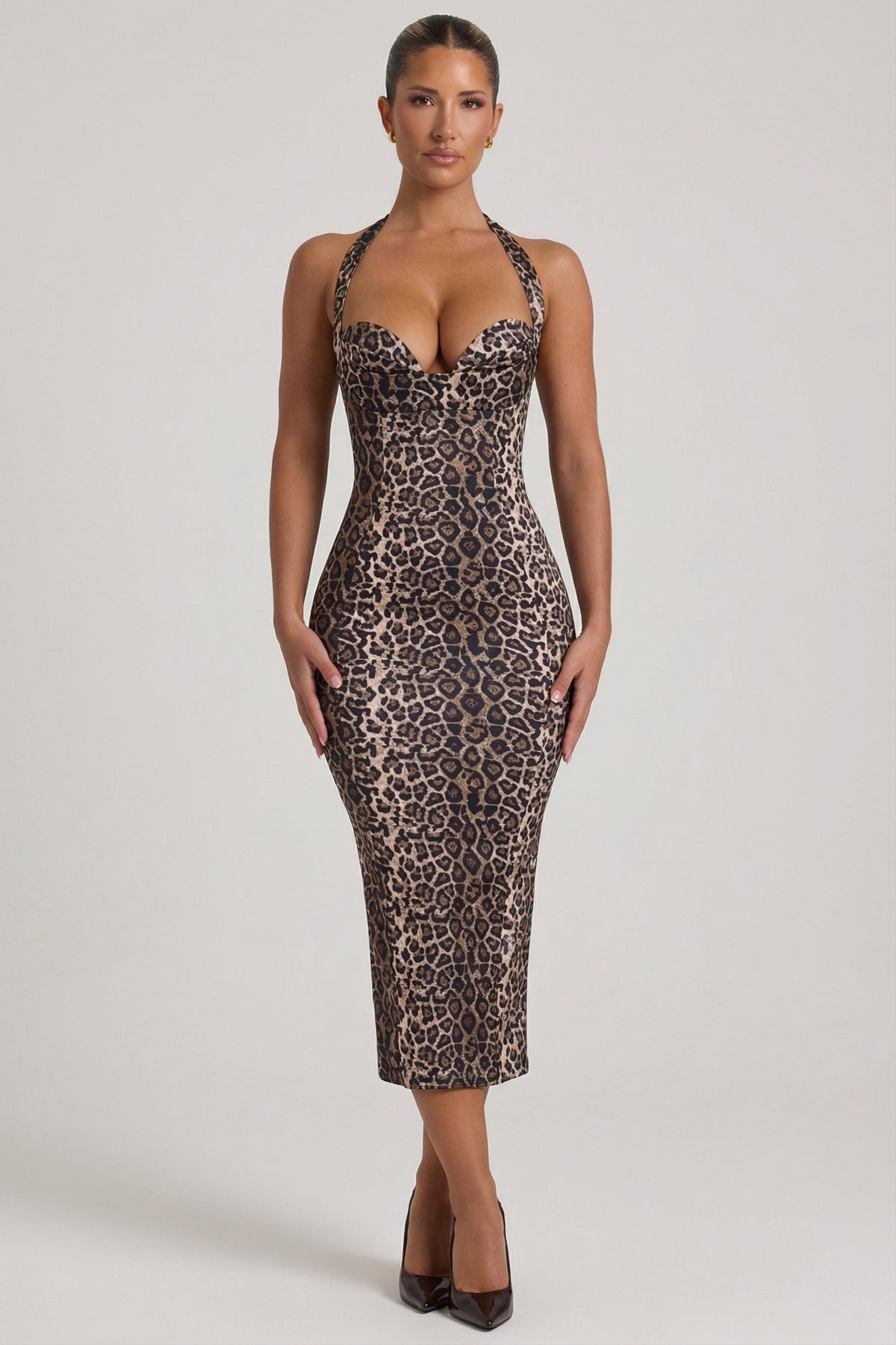 Layered Halterneck Bodycon Midi Dress in Leopard Print – view 6