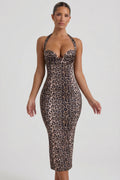 Layered Halterneck Bodycon Midi Dress in Leopard Print – view 1